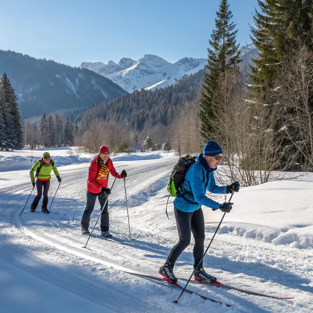 Participants in a cross-country skiing course with professional instructors overlooking the slopes