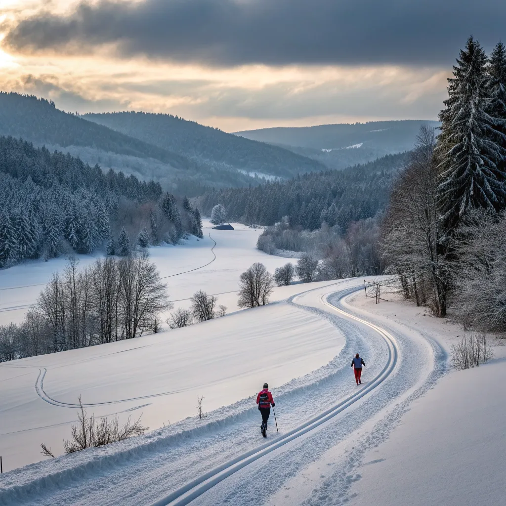 Scenic cross-country skiing trail through snowy landscape
