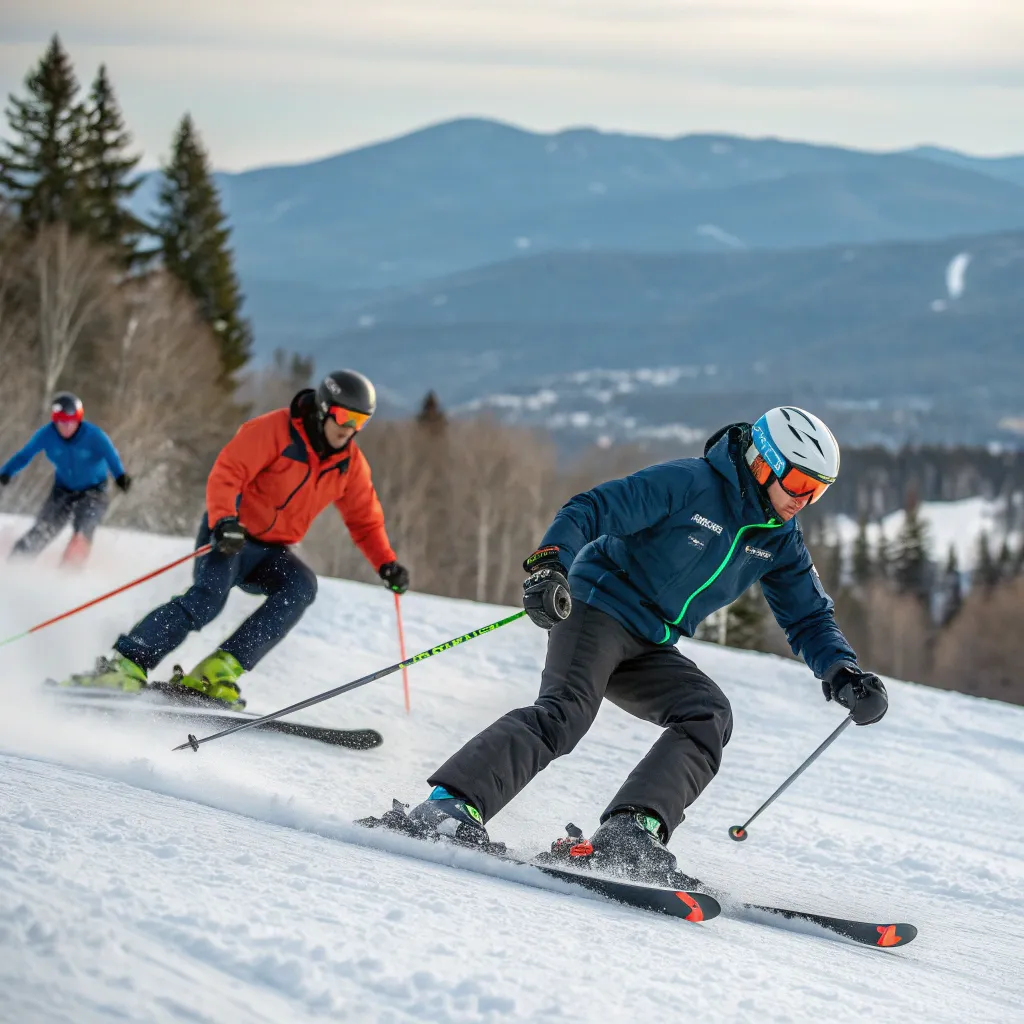 Intermediate skiers practicing techniques